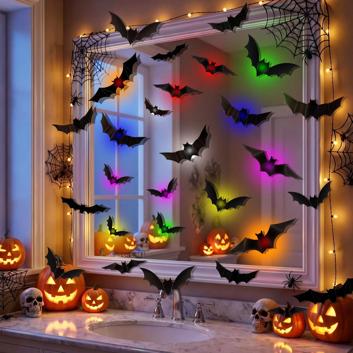 💖🎁 WREE® 3D LED Bat Light Halloween Wall Decoration – Glowing Ghost Party Décor