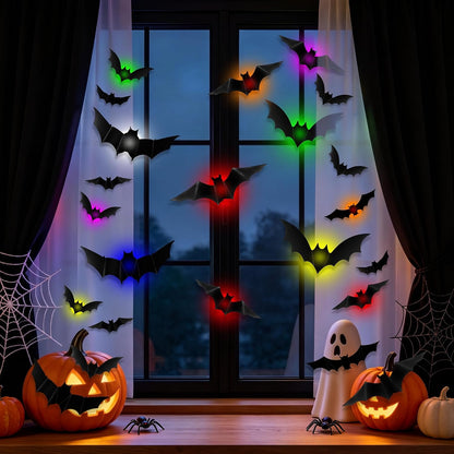 💖🎁 WREE® 3D LED Bat Light Halloween Wall Decoration – Glowing Ghost Party Décor