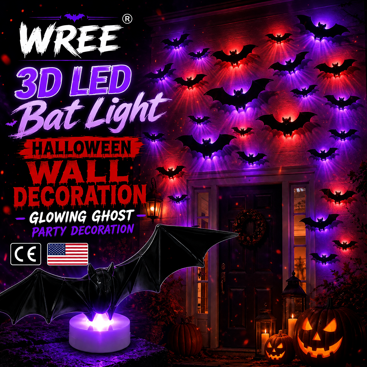 WREE®🎁🎁🎁 3D LED Bat Light Halloween Wall Decoration