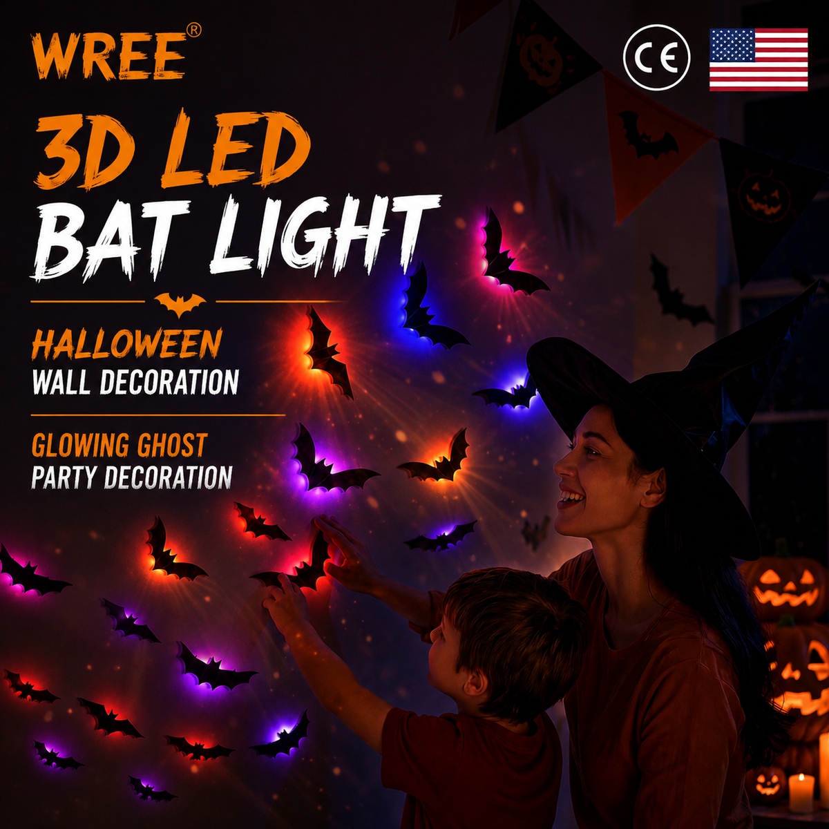 💖🎁 WREE® 3D LED Bat Light Halloween Wall Decoration – Glowing Ghost Party Décor