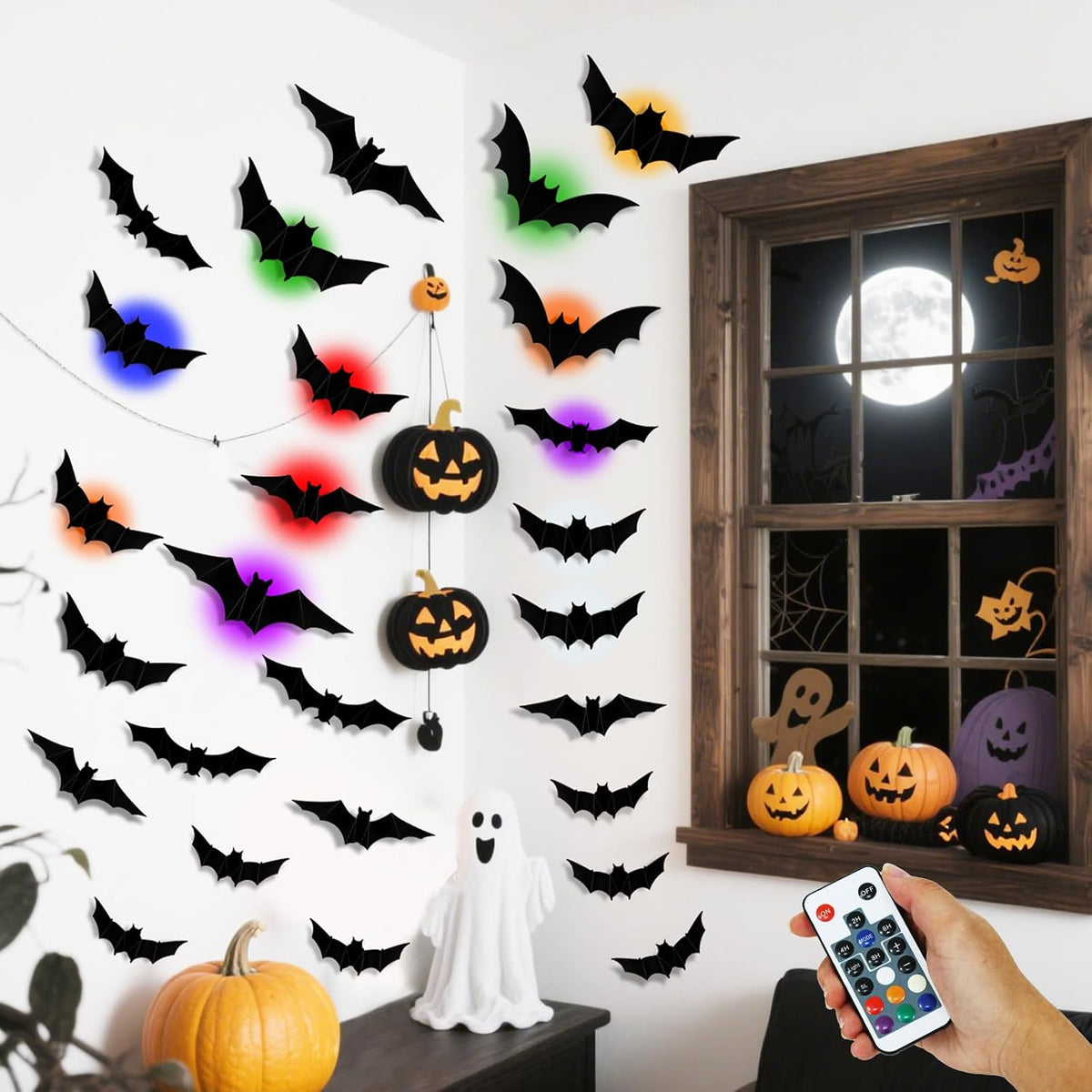 💖🎁 WREE® 3D LED Bat Light Halloween Wall Decoration – Glowing Ghost Party Décor