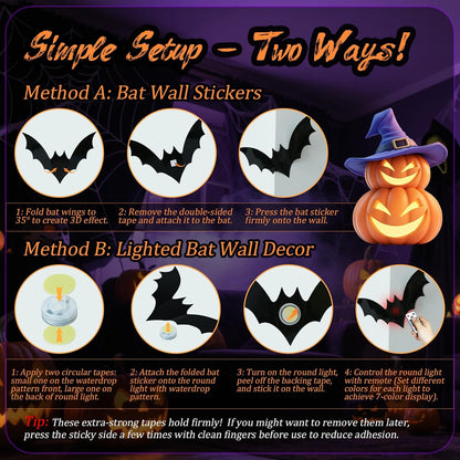 💖🎁 WREE® 3D LED Bat Light Halloween Wall Decoration – Glowing Ghost Party Décor